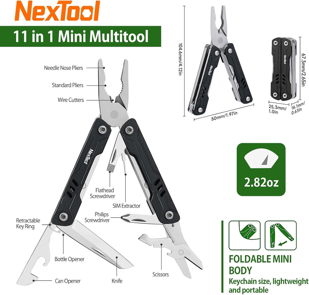 NexTool Mini Sailor S11 Keychain Multitool, 11-in-1 Compact EDC Pliers with Pocket Knife, Scissors & Screwdrivers, Lightweight Small Multitool for DIY, Travel, Camping, and Gift, Cool Gadget for Men