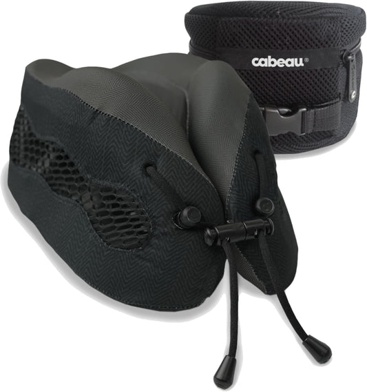 Cabeau Long Haul Flight Cooling Travel Neck Pillow – Evolution Cool – Supportive Memory Foam with Airflow Vents – Compact with Carrying Case (Black)