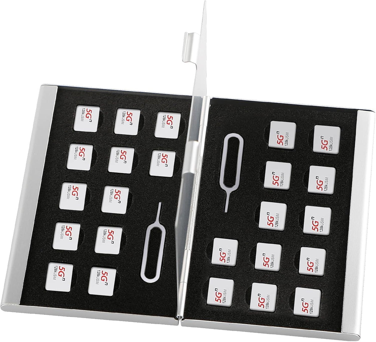 Aluminum SIM Card Case, 26Slots Ultrathin SIM Card Holder, Fit for 24 Nano sim Card and 2 Cell Phone Eject Pin Slots, Silver