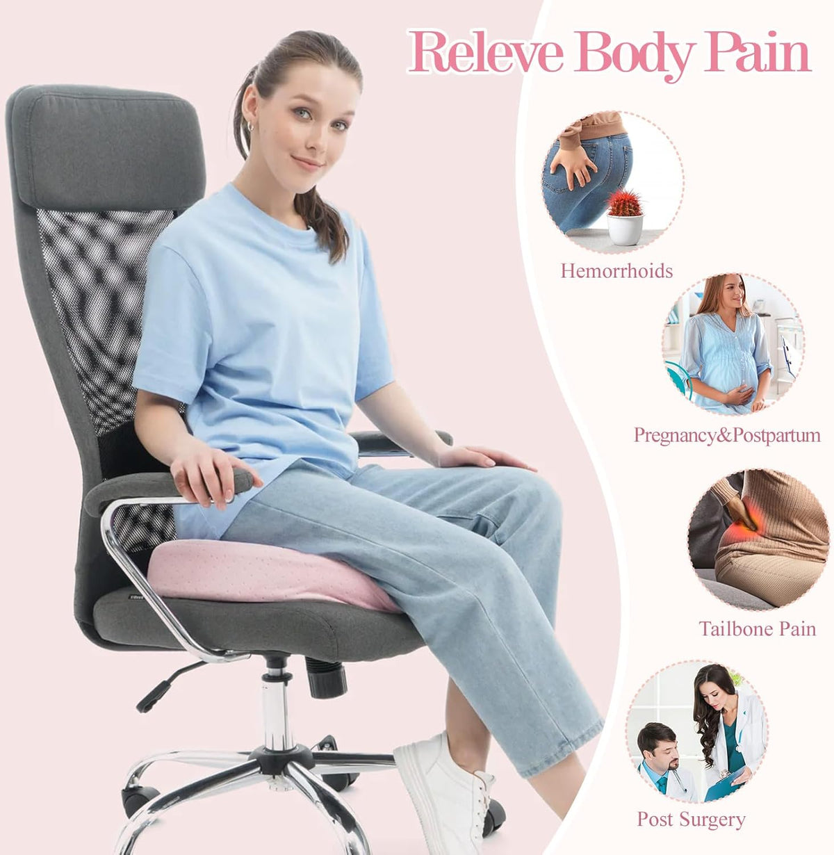 Benazcap Donut Pillow Seat Cushion - Ergonomic Memory Foam for Tailbone & Sciatica Pain Relief, Ideal for Hemorrhoids, Pregnancy, and Postpartum Comfort - Pink