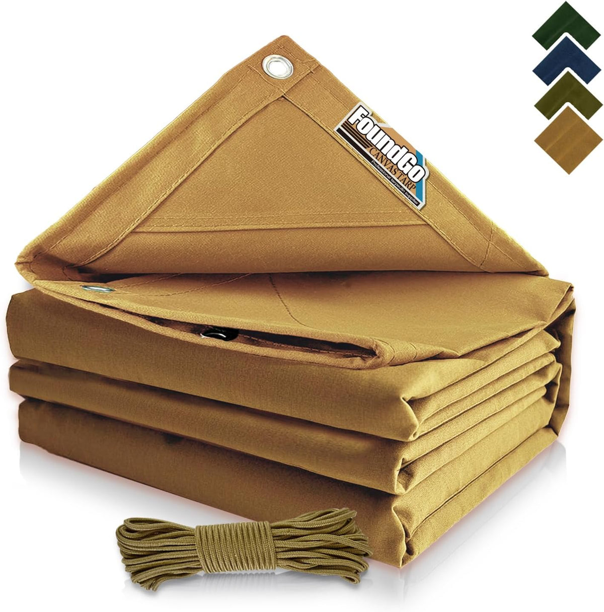 FoundGo 12x12ft Canvas Tarp 22 Mil Tarps 14 oz Canvas Tarpaulin Heavy Duty Cloth Water/UV Resistant Cover with Rustproof Grommets & Ropes for Cars,Roofs,Boats,Camps,Sunshades，Moisture Barrier -Tan