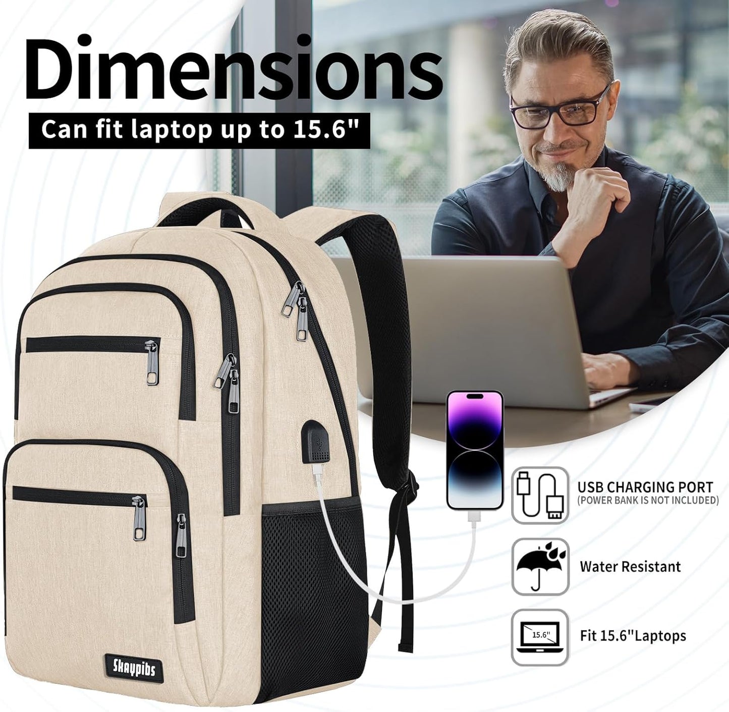 Backpck for Women, School backpacks for Girls Boys Teen, 15.6 inch Laptop Back Packs with USB Charger Port, Mochilas for Business, College, Beige