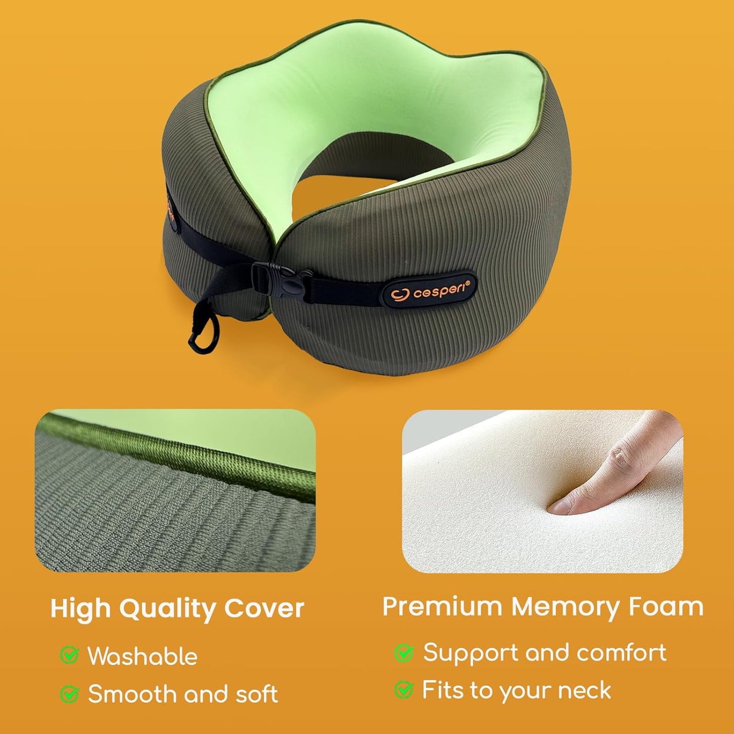 Cesperi® Travel Neck Pillow for Airplanes, Ergonomic Design, Airplane Neck Pillow with Memory Foam, Travel Essentials for Flights, Car Rides, and Home Rest, M Size, 140-210LB (Avocado Green)