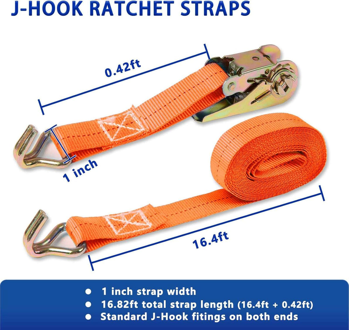 Ratchet Straps (4-Pack), 1 Inch x 16.4 Feet (2200lb Break Strength) with Sturdy Metal Hooks, 1x Work Gloves, Heavy Duty Tie Down Straps for Truck, Cargo Trailer, Motorcycle, Luggage, Moving (Orange)