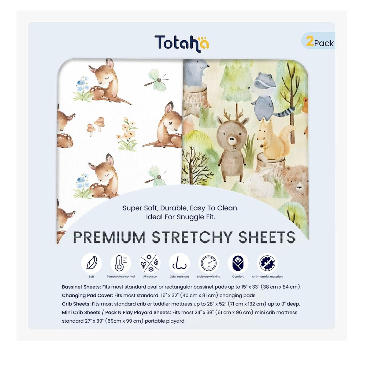 TotAha Mini Crib Sheets 24x38, Ultra Soft Pack N Play Sheets Fitted Boy Girl, Super Stretchy Jersey Knit Pack and Play Mattress Sheets, Hypoallergenic, Forest Bear & Cute Deer