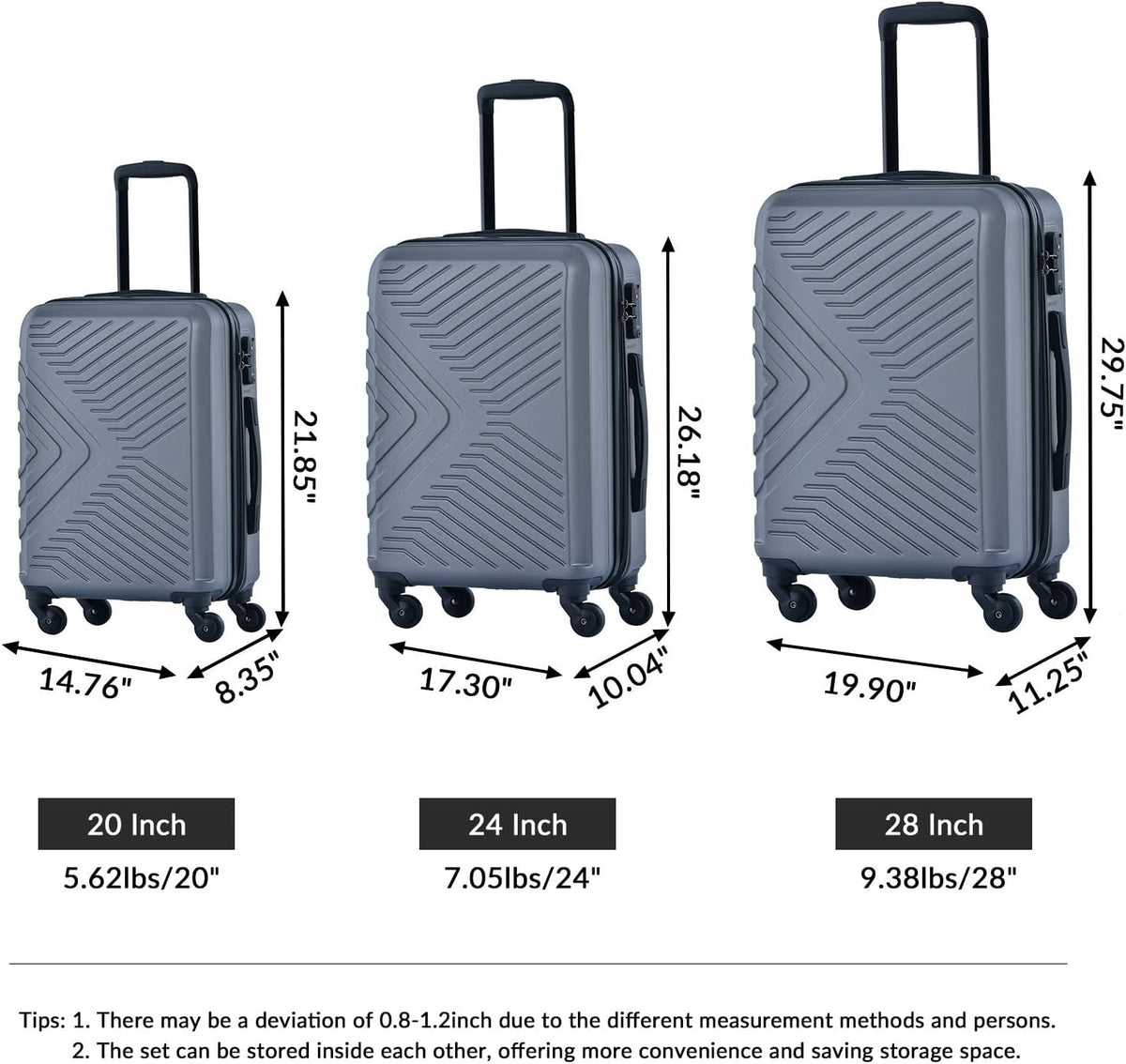 Campfun 3 Piece Luggage Sets, Hardshell ABS Luggage with TSA Lock, Carry On Suitcase Sets Lightweight Durable with 2 Hooks & Spinner Wheels, 20in/24in/28in - Grey(C)