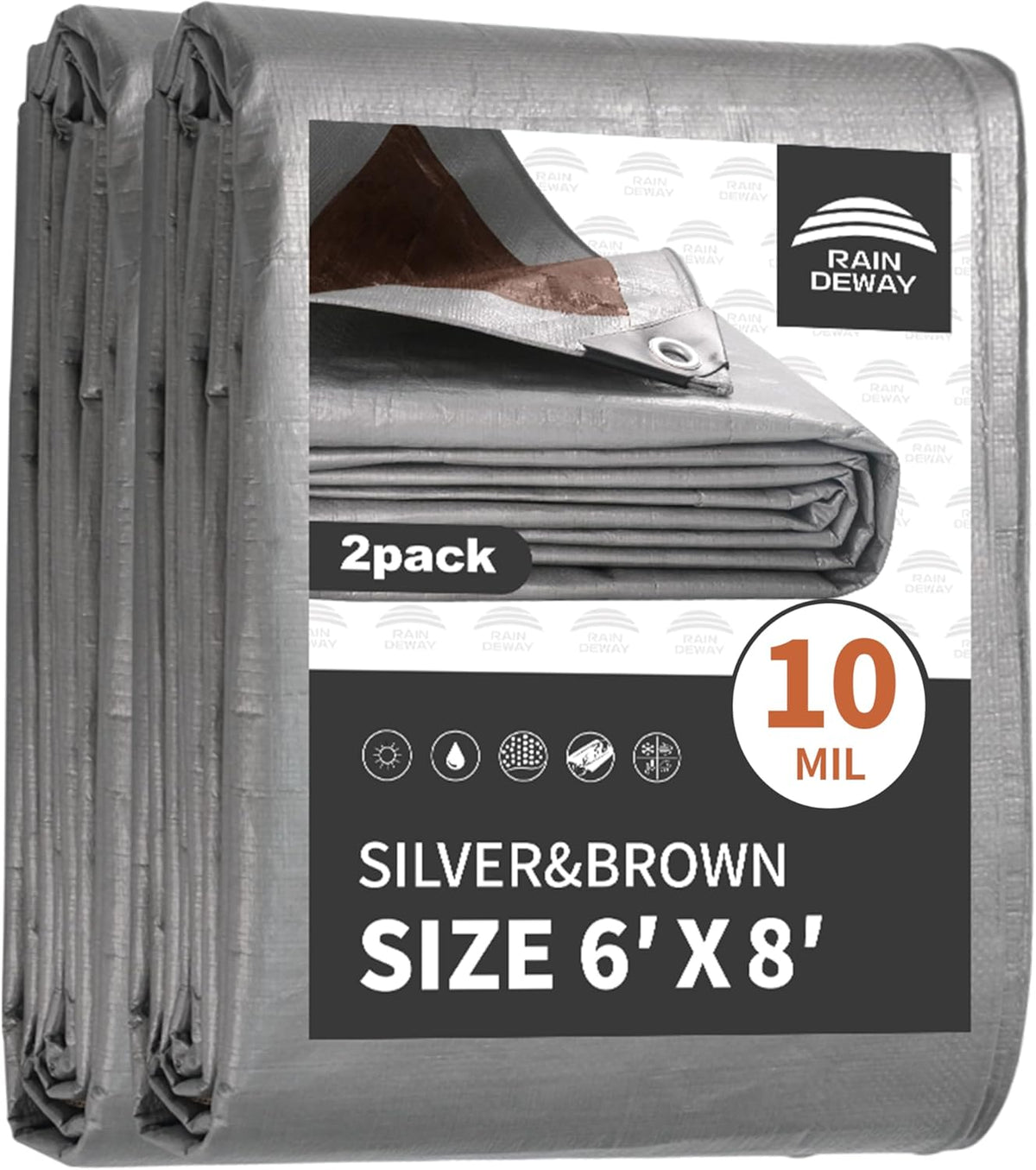 Tarps Heavy Duty Waterproof 6x8 Feet (2 Pack), 10Mil Multipurpose Tarp Cover with Metal Grommets and Reinforced Edges, Silver/Brown Tarp by RAINDEWAY