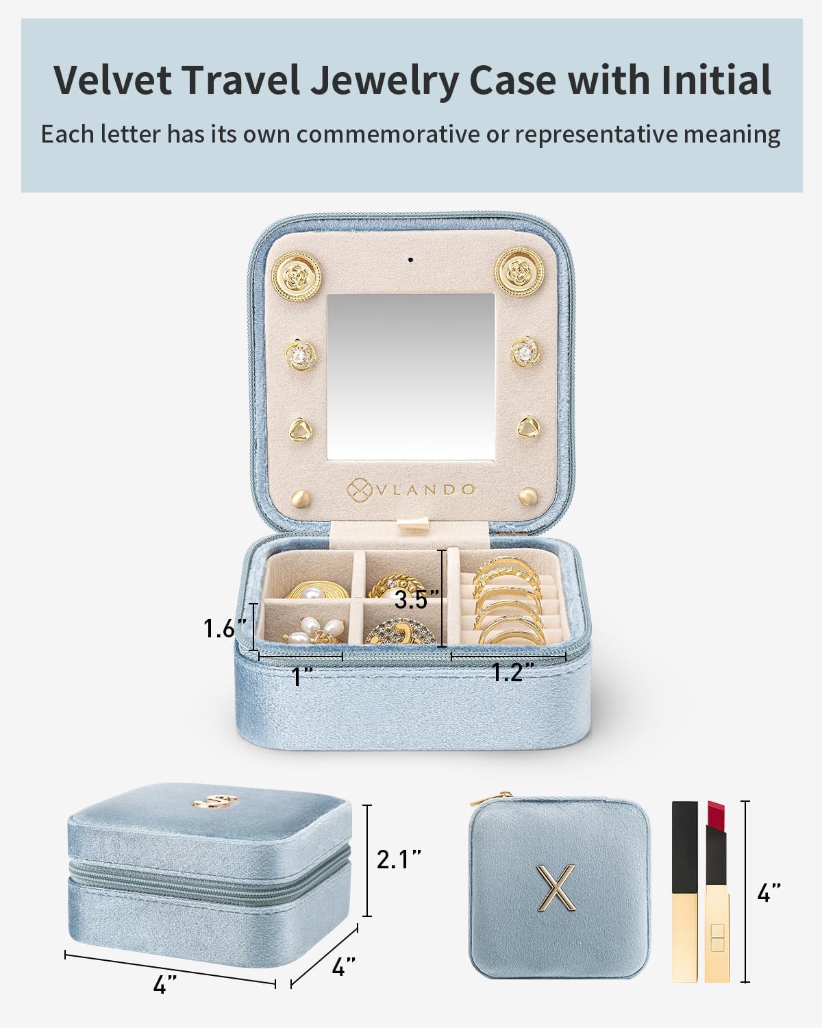 Vlando Travel Jewelry Case for Women Girls, X Initial Jewelry Box, Small Jewelry Box for Women, Travel Jewelry Case, Gifts for Girls - Letter X, Navy Blue
