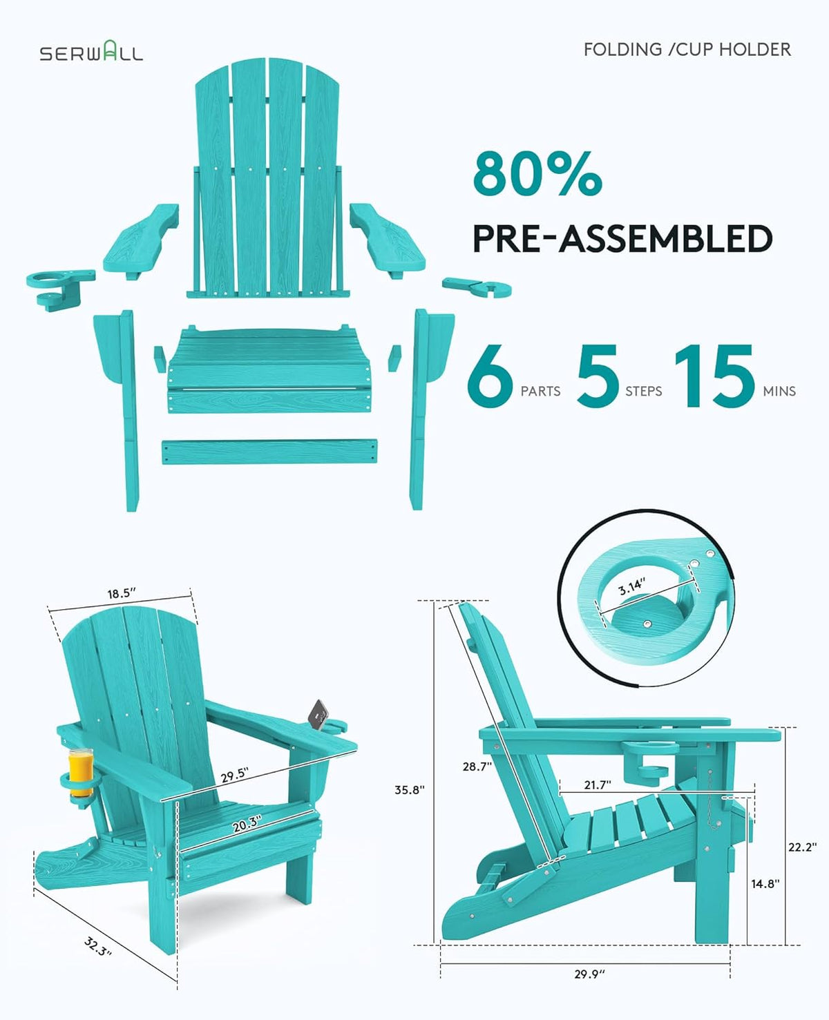 SERWALL Adirondack Chair with Cup Holders - Composite Adirondack Chairs Set of 4 HDPE Outdoor Chairs All Weather Use- Aruba