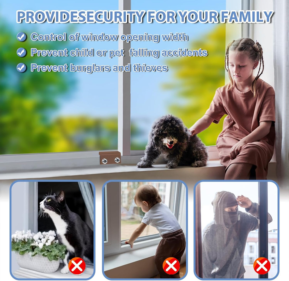 Window Locks for Sliding Windows - Sliding Window Lock Security with Keys - Adjustable Sliding Door Lock - Without Drilling Easv to Install Child Locks for Sliding Door,Patio Door(8 Sets Brown)