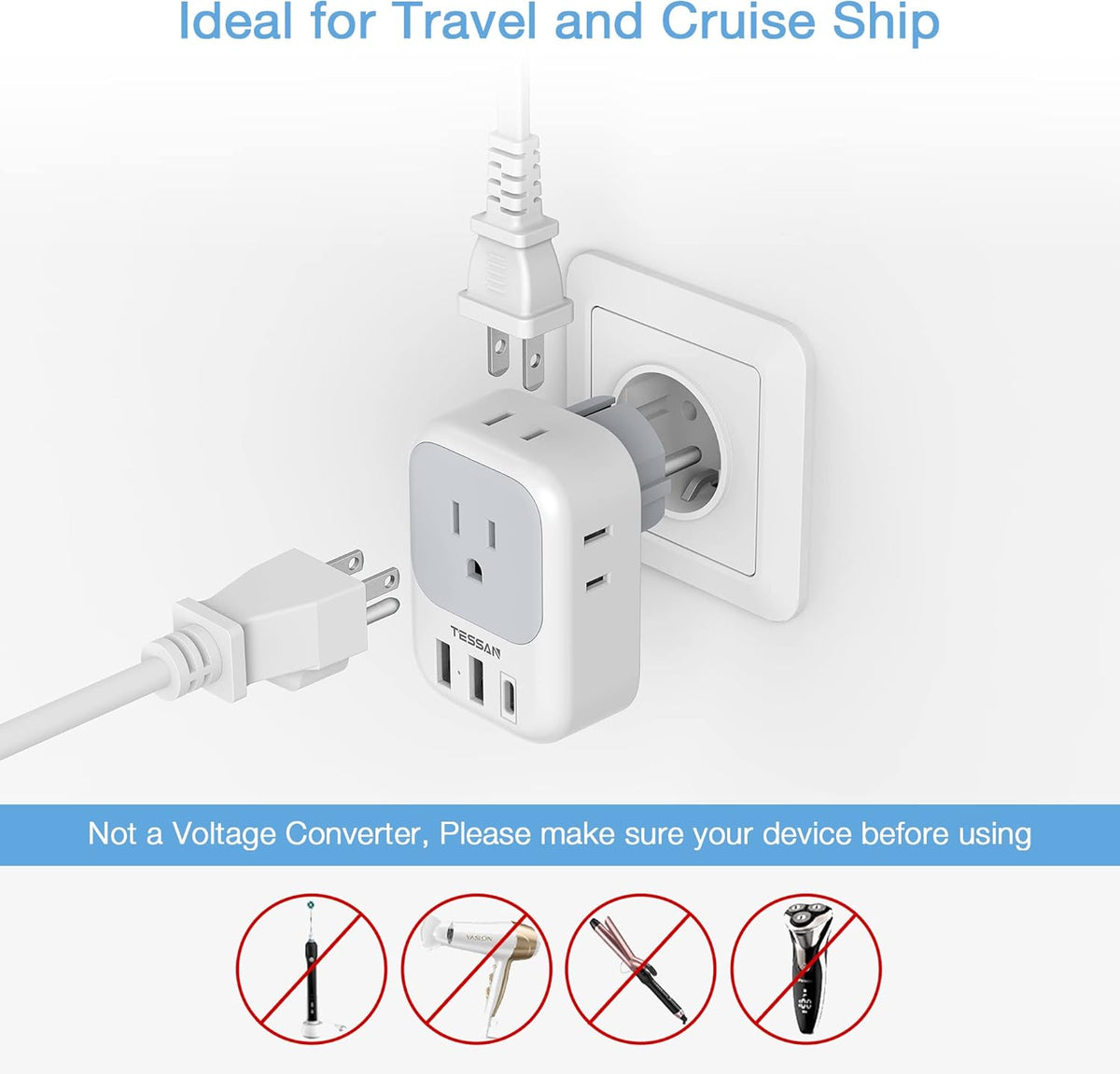 TESSAN 2 Pack Type E F Plug Adapter USB C, Germany France Power Adaptor with 3 USB Charger Ports, 4 AC Outlets Travel Plug for US to Europe EU Spain Iceland Korea Greece Russia German French