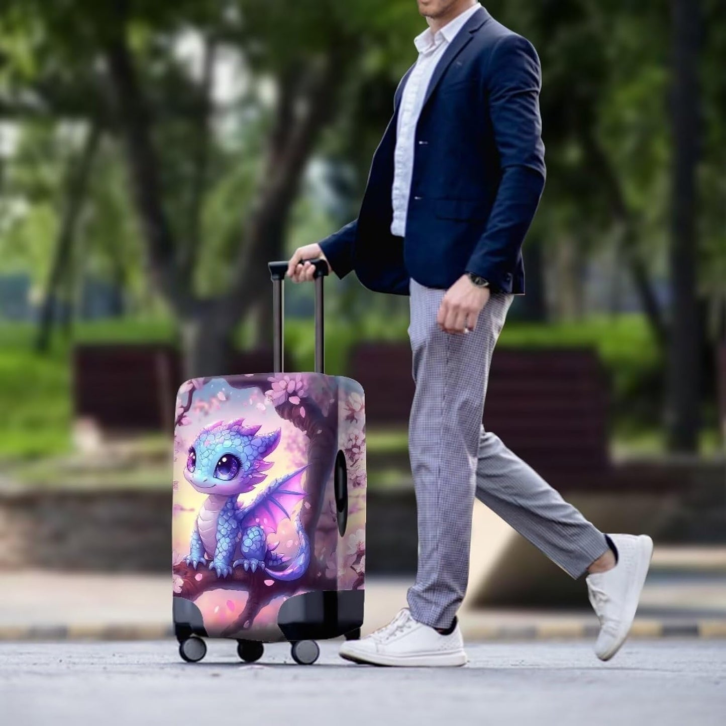 Dragon Suitcase Cover Travel Luggage Protector Washable Elastic Suitcase Covers Anti-Scratch Zip Closure Lugagge Covers for Suitcase Cherry Blossom Luggage Cover Fits 22-25 Inch, M