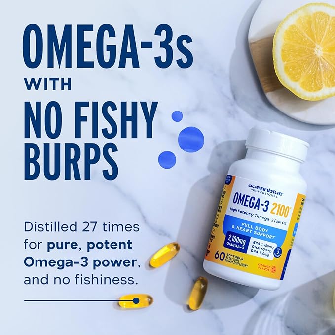 Oceanblue Professional Omega-3 2100-120 ct - High-Potency Triple Strength Burpless Fish Oil with EPA, DHA & DPA - Wild Caught - Orange Flavor, 60 Servings (120 Mini Count (Pack of 1))