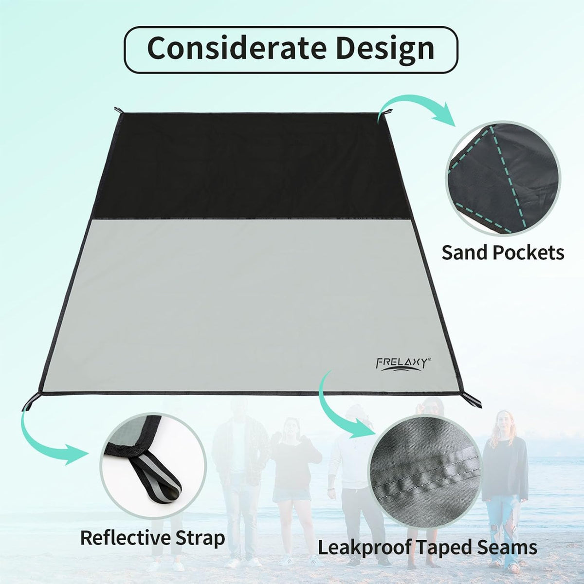 Frelaxy Pocket Picnic Blanket, Waterproof Sandproof Beach Mat, Compact Camping Tarp for Festivals, Hiking, Travel, Outdoor Recreation (Grey, 28'' x 47'')