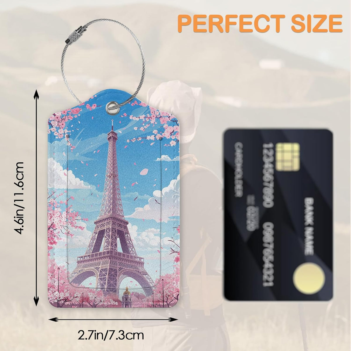 Eiffel Tower Sakura 3 Pack Luggage Tags for Suitcases, Take Me to Paris PU Leather Luggage Tag for Travel, Bag Tags with Privacy Name ID Card and Steel Loop for Women Men