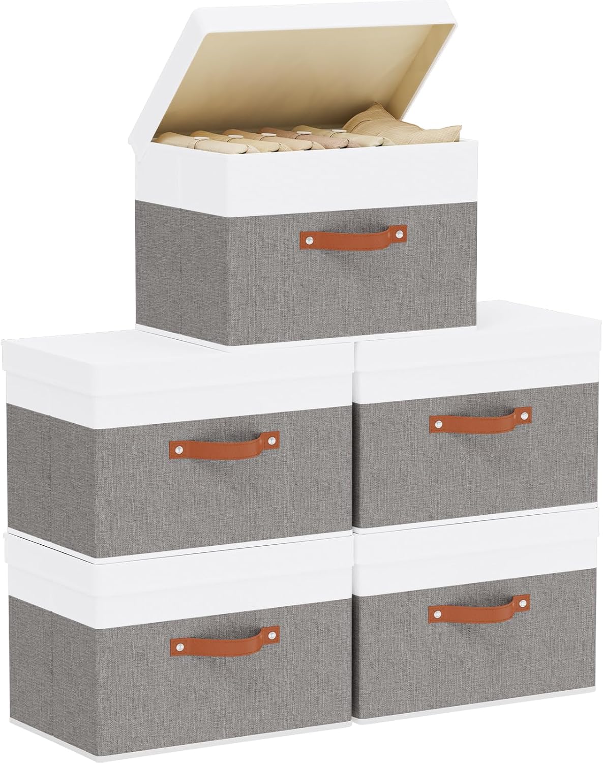Fabric Storage Boxes with Lids, Linen Foldable Cloth Baskets, 17.7 x 11.8 x 11.8 Inch Closet Organizer Containers with Double Handles, Sweater Bins for Bedroom, White and Grey, 5 Pack