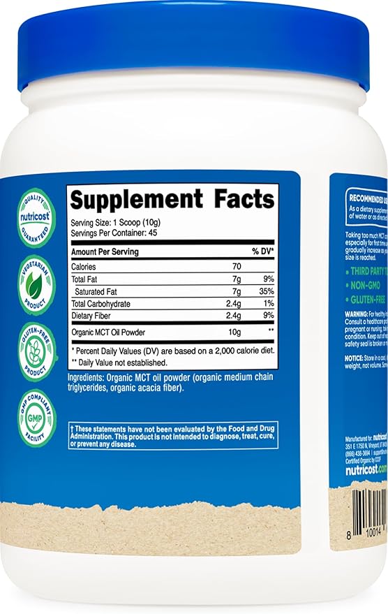 Nutricost Organic MCT Oil Powder 1 LB - Certified USDA Organic, Great for Keto, Ketosis and Ketogenic Diets - Zero Net Carbs (Medium Chain Triglyceride)