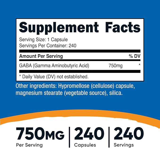 Nutricost GABA (Gamma Aminobutyric Acid) 750mg, 240 Capsules, 240 Servings - Non-GMO, Gluten Free