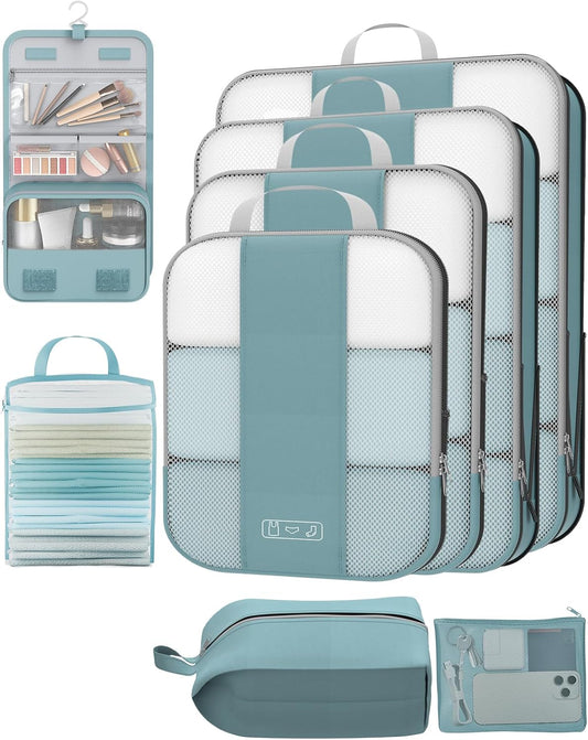 8 Set Compression Packing Cubes for Travel Essentials,Compressible Expandable Packing Cubes for Suitcase,OlarHike Luggage Organizer Bags for Travel,Handy Helper for Organizing Clothes(Blue Gray)