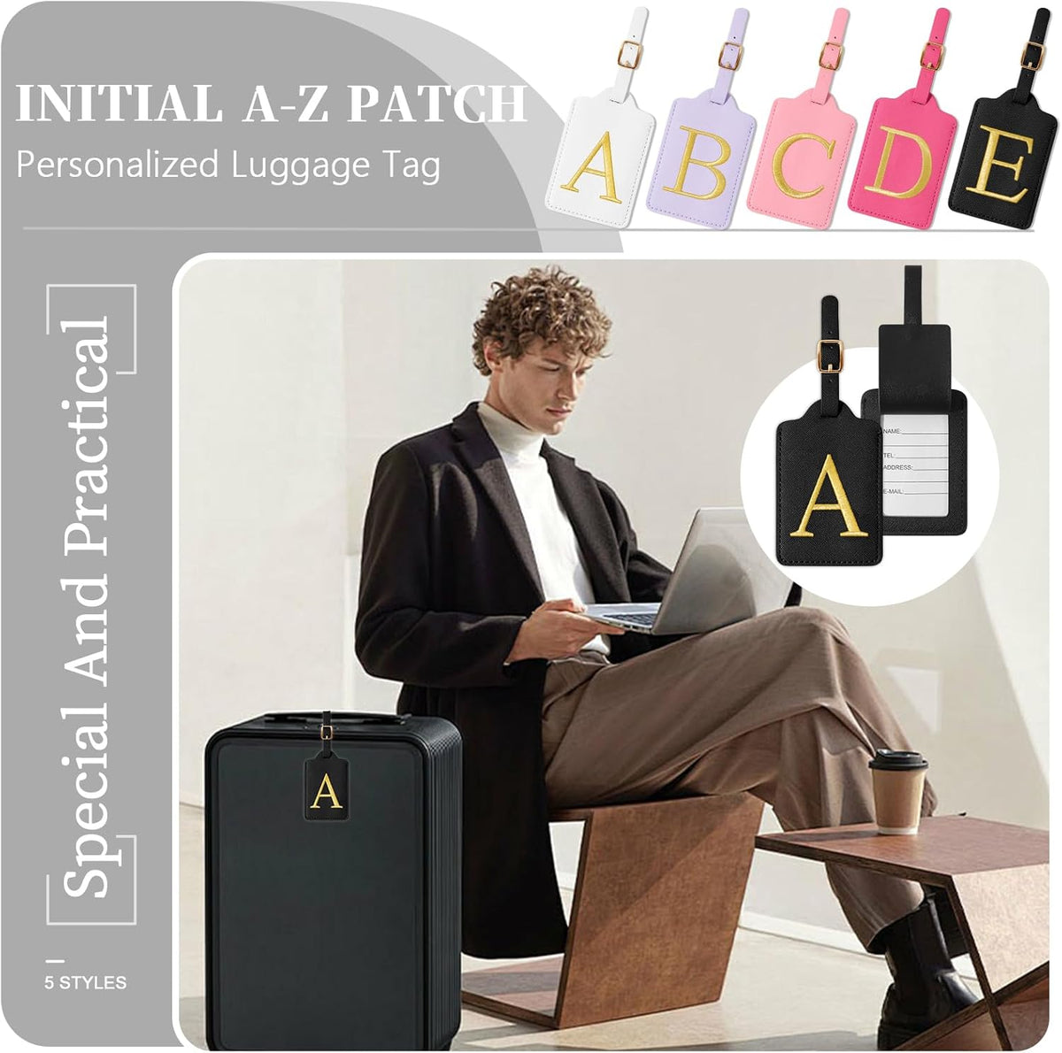 Personalized Initial Luggage Tags for Suitcase TSA Approved, Black Leather Cute Luggage Tag with Privacy Cover Name Card, Embroidered Custom Luggage Tags Travel Backpack Tags Gifts for Women Kids(A)