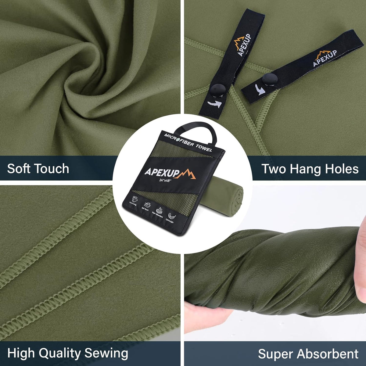 APEXUP Microfiber Travel Towel, Ultra Absorbent Quick Dry Towels, Lightweight Gym Sports Camping Towel for Workout, Yoga, Beach, Shower, Swimming (24"×12", Army Green)