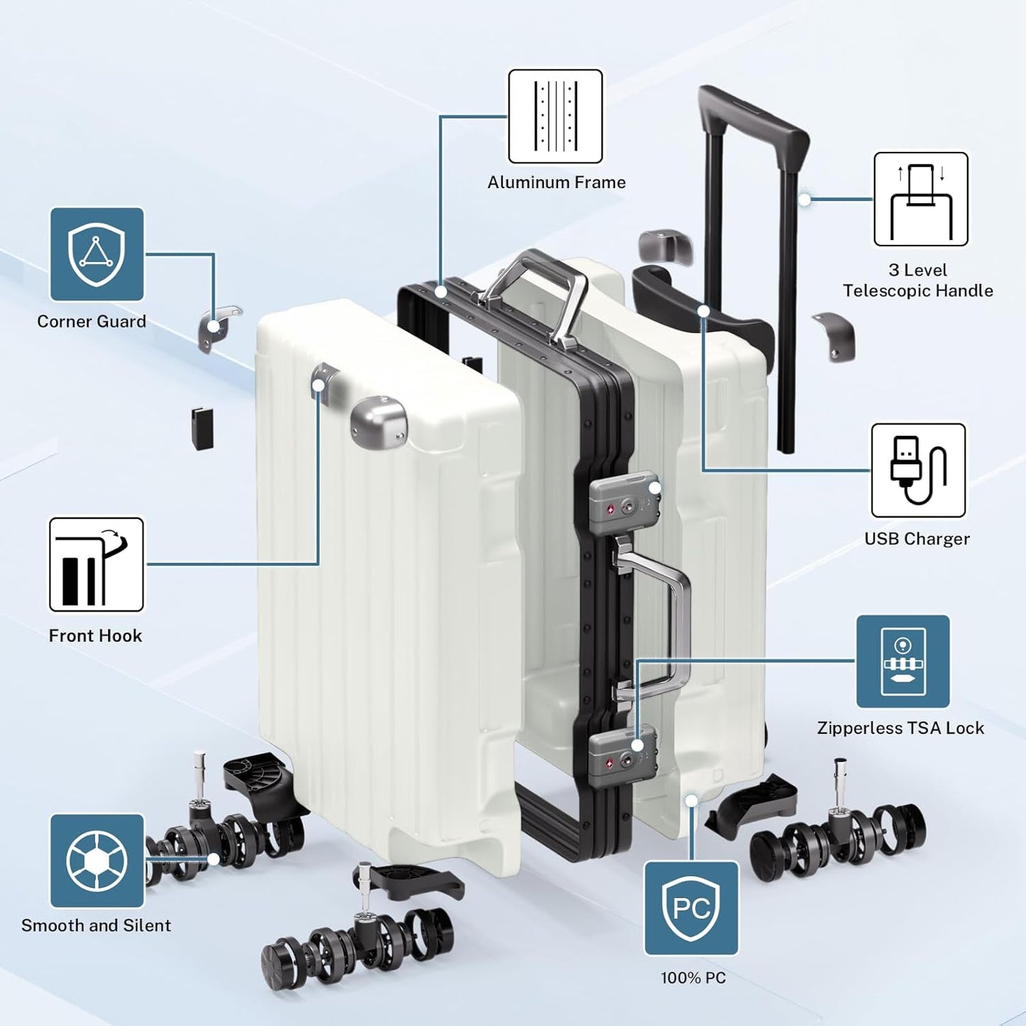 Krute Checked Aluminum Frame Suitcase 24 Inch Zipperless Luggages Hardside PC Luggage With Spinner Wheels TSA Lock USB Charger Suitcases(1 Piece)