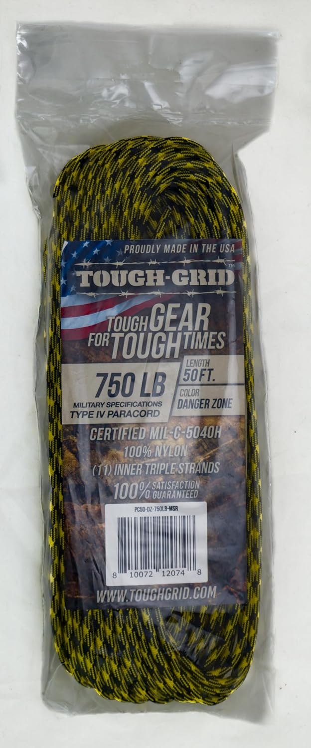 TOUGH-GRID 750 Paracord Rope Nylon Parachute Cord, Made in USA Survival Kit, Outdoor Adventures, Camping, Tactical Gear & Emergency Supplies, Military Type IV Mil-Spec