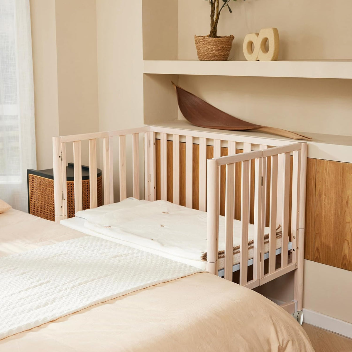 EvoNook 6-in-1 Convertible Mini Crib, 100% New Zealand Wood, 4 Adjustable Mattress Heights, Crib with Mattress, Washed Natural