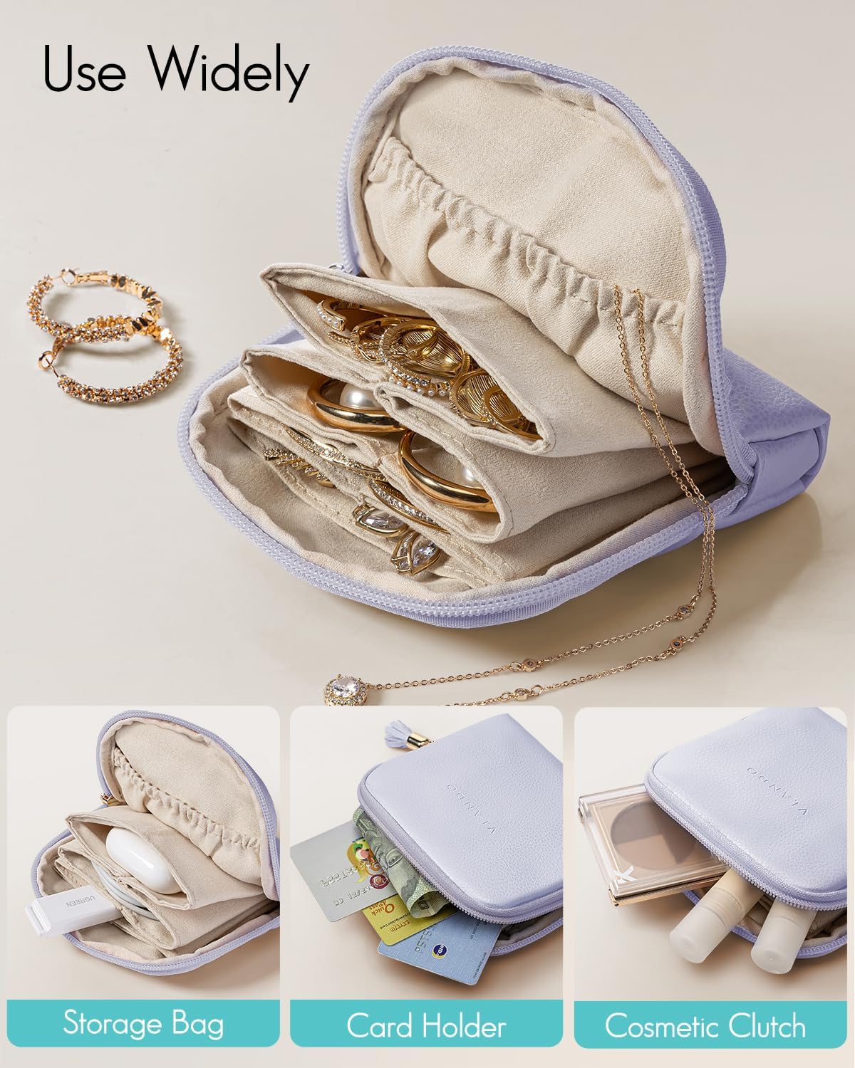 Vlando Small Jewelry Travel Case,Jewelry Pouch Bags with Zipper,Velvet Jewelry Organizer Storage Bag for Bracelet Rings Earring Travel Essentials Gifts for Women Girl-Purple
