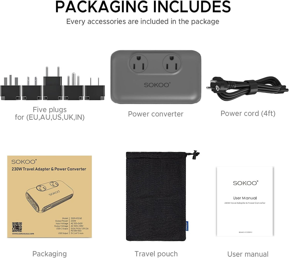 SOKOO 230-Watt Step Down 100-220V to 110V Voltage Converter, International Power Converter/Travel Adapter- Use for EU/UK/AU/US/India More Than 150 Countries, USB Quick Charger 3.0 Grey