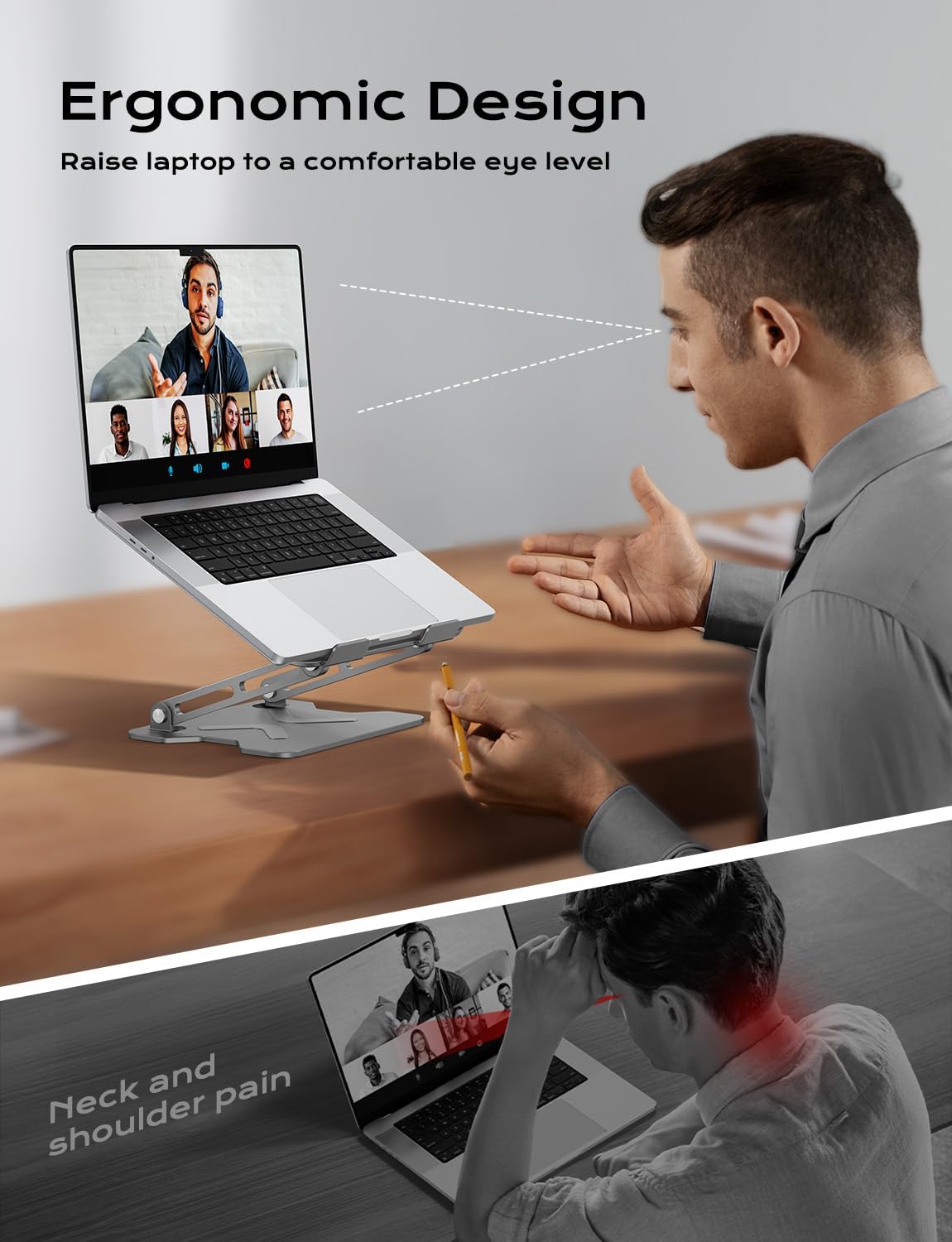 Foldable Laptop Stand for Desk, Adjustable Height Ergonomic Computer Stand, Portable Laptop Riser for MacBook Air Pro, All 10-16'' Notebooks Laptops, Grey