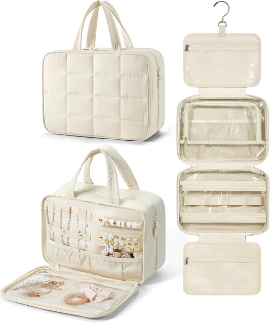 BAGSMART Travel Toiletry Bag with Jewelry Organizer, Hanging Travel Bag for Toiletries, Puffy Makeup Cosmetic Bag Organizer, Carry-on Travel Accessories Essentials, Beige-L