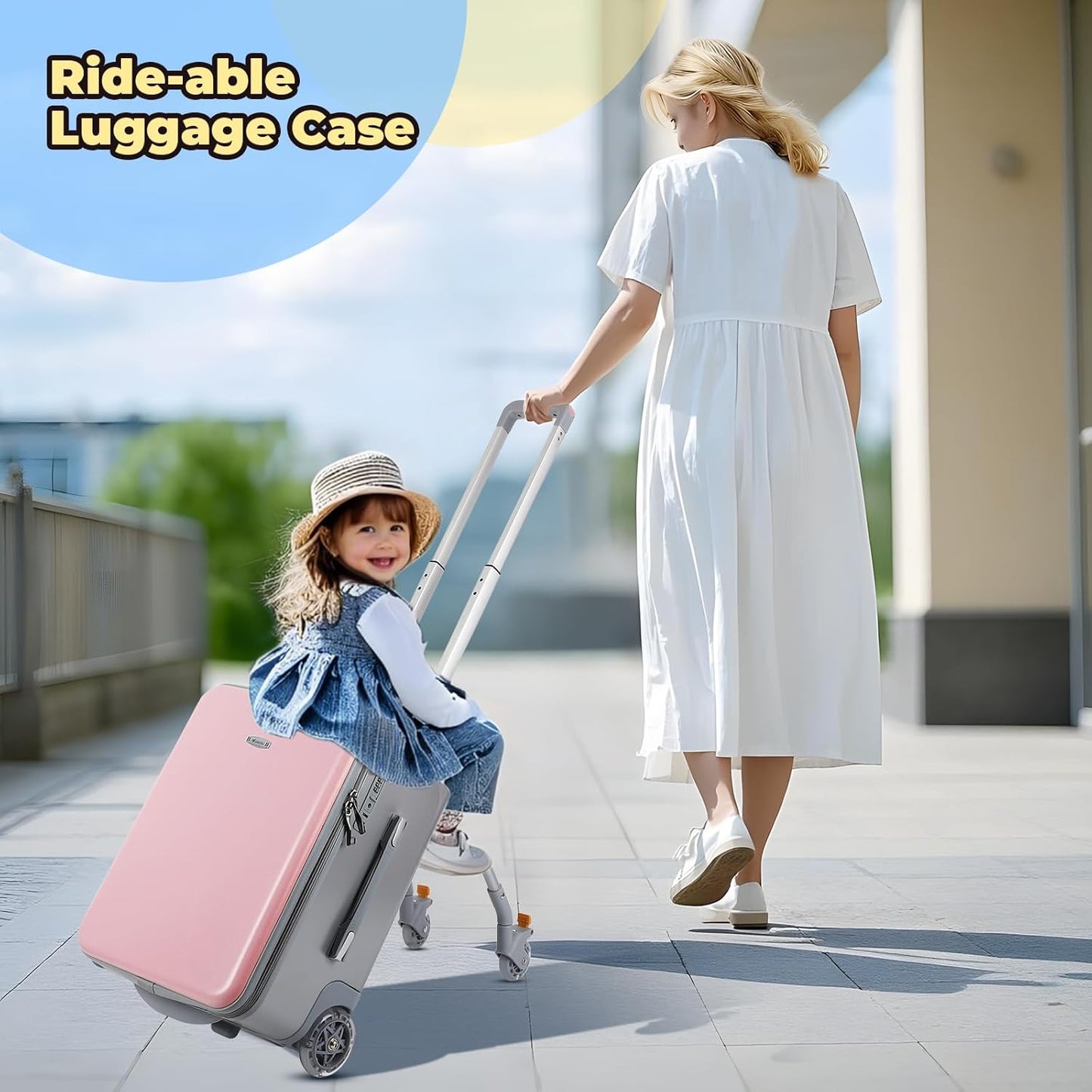 FAHKNS Children's Ride-On Suitcase,Kids Carry on Luggage with Wheels,Rolling Travel Luggage With Kids Seat for Airplane，2-in-1 Case & Baby Stroller,Pink
