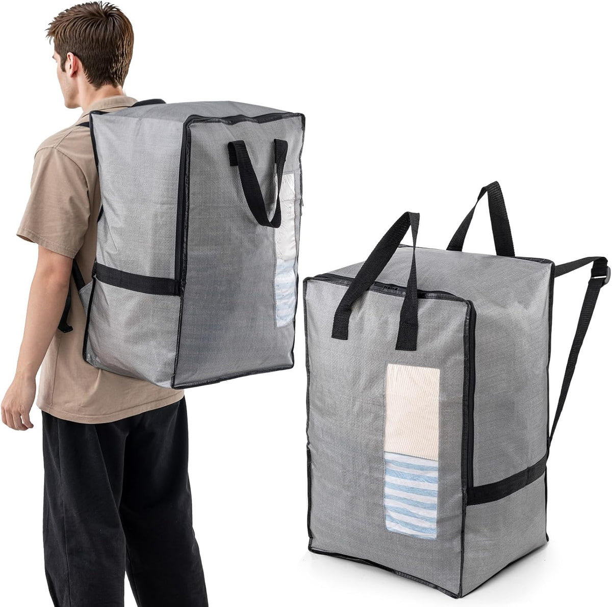 TAILI 2 Pack Gray Moving Bags w/Adjustable Backpack Straps, Moving Supplies, Moving Boxes Alternative, Heavy Duty Storage Totes for College Packing, Camping Backpack for Travel, Dorm, Laundry