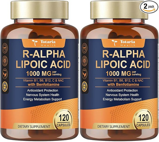 (2 Packs) R Alpha Lipoic Acid 1000mg with Benfotiamine - Sodium ALA Supplement for Neuropathy Support Nerve Health & Antioxidant, Cell Energy, Metabolism and Anti-Aging, Non-GMO, Gluten Free, Vegan