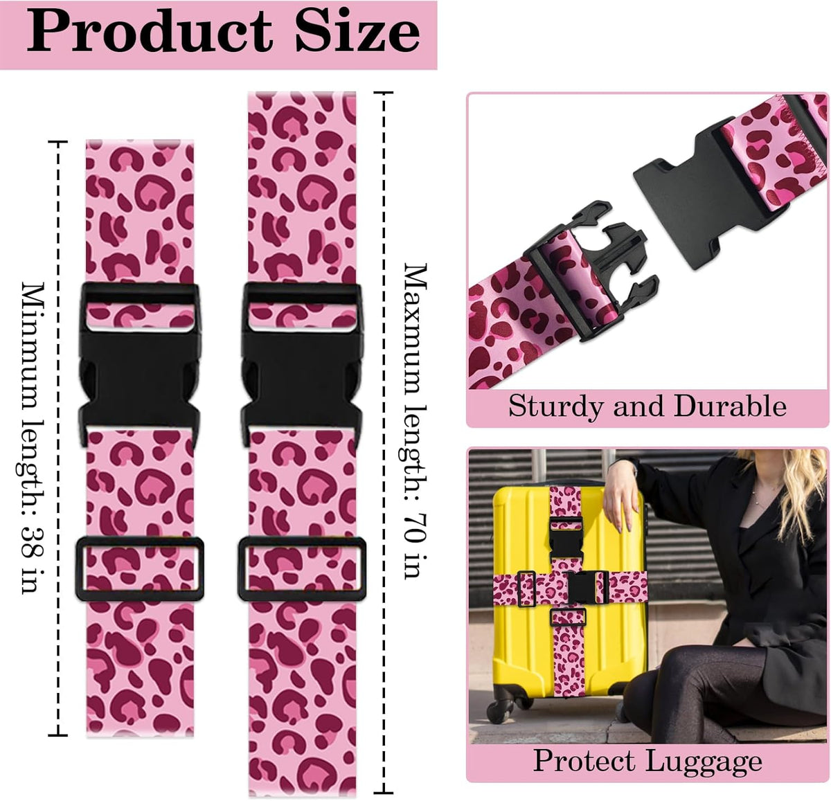 Leopard Luggage Straps for Suitcases TSA Approved, Luggage Identifiers for Suitcase, Adjustable Suitcase Strap for Baggage Security with Cute Patten, Travel Necessary Accessories (2Pack)