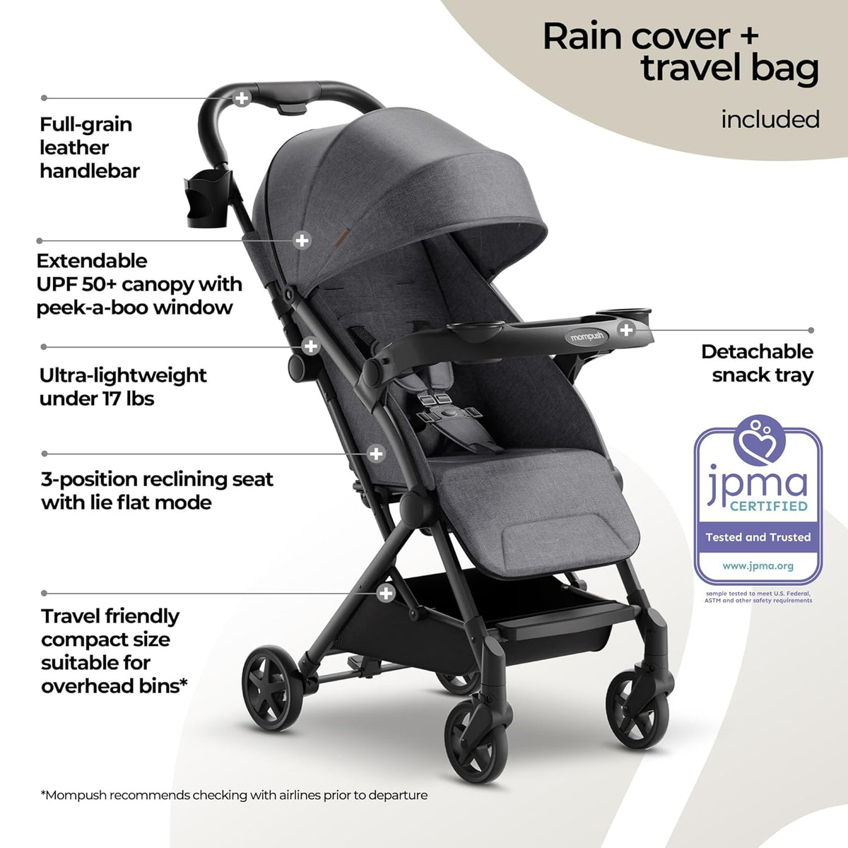Mompush Lithe V2 Lightweight Travel Stroller, Compact Foldable Baby Stroller with Travel Bag, One-Hand Fold Stroller, Snack Tray, Mechanical Recline Seat, Airplane-Ready, Organizer & Rain Cover