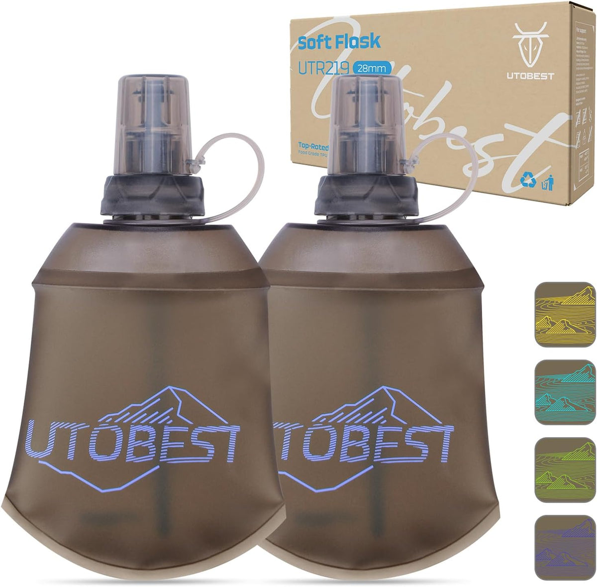 UTOBEST 150ml Soft Flask, 2 Pack Flexible TPU Hydration Water Bottle, Collapsible with 28mm Caliber for Running, Hiking, Cycling, Climbing, and Marathon Purple