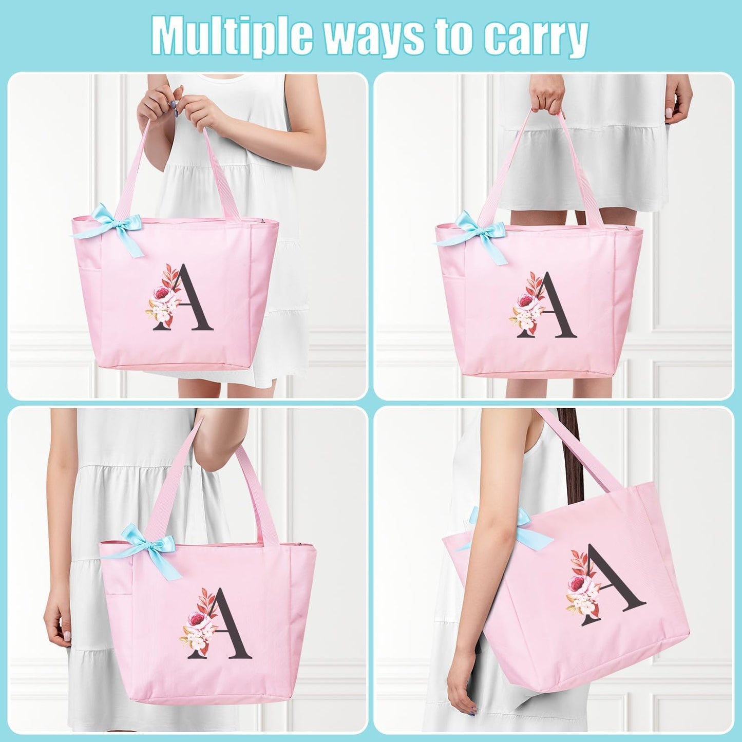 Vavabox Tote Bag, A-Z Initial Monogrammed Waterproof Tote Bag, Bridesmaid Gifts for Women, Black and Pink