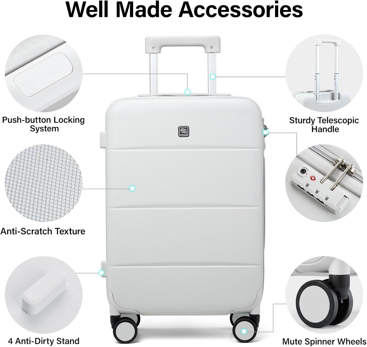 Hanke 20 Inch Carry On Luggage 22x14x9 Airline Approved PC Hard Shell Suitcases with Wheels TSA Luggage for Women Men Lightweight Travel Luggage(Smoke White)