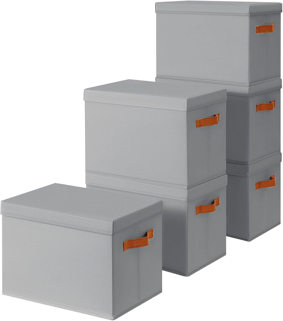 Storage Bins with Lids - Fabric Storage Baskets for Shelves, 6 Pack Foldable Decorative Boxes with Handles, Stackable Organizer Bins for Home, Nursery, Dorm, Grey