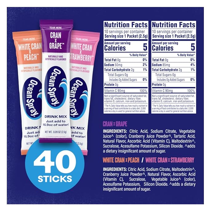 Ocean Spray® Variety Pack Zero Sugar Powder Drink Mix Packets with Real Cranberry Juice Powder, 100% Vitamin C, No Synthetic Dyes, Juicy Mixes (40ct)