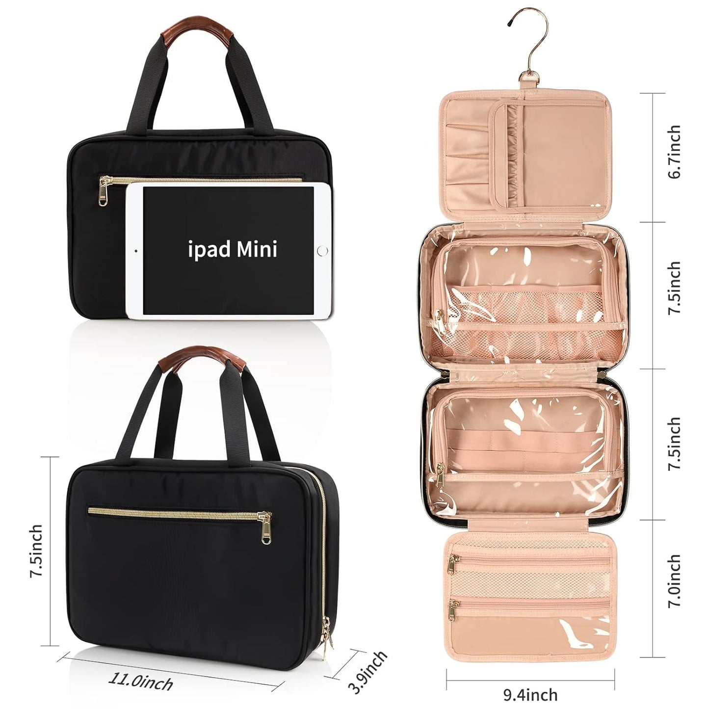 CUBETASTIC Hanging Travel Toiletry Bag, Portable Travel Makeup Bag with Handle, Waterproof Nylon Cosmetic Organizer Pouch with 360° Hanging Hook (B#-Black, Medium(Pack of 1))