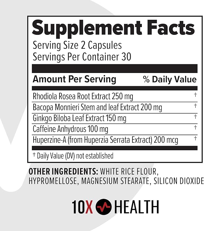 10X Health Focus Rhodiola Rosea - Brain Supplements for Memory and Focus - 60 Capsules Focus Supplement, Memory Supplement for Brain Health with Ginkgo Biloba, Huperzine A - Ginkgo Biloba Capsules