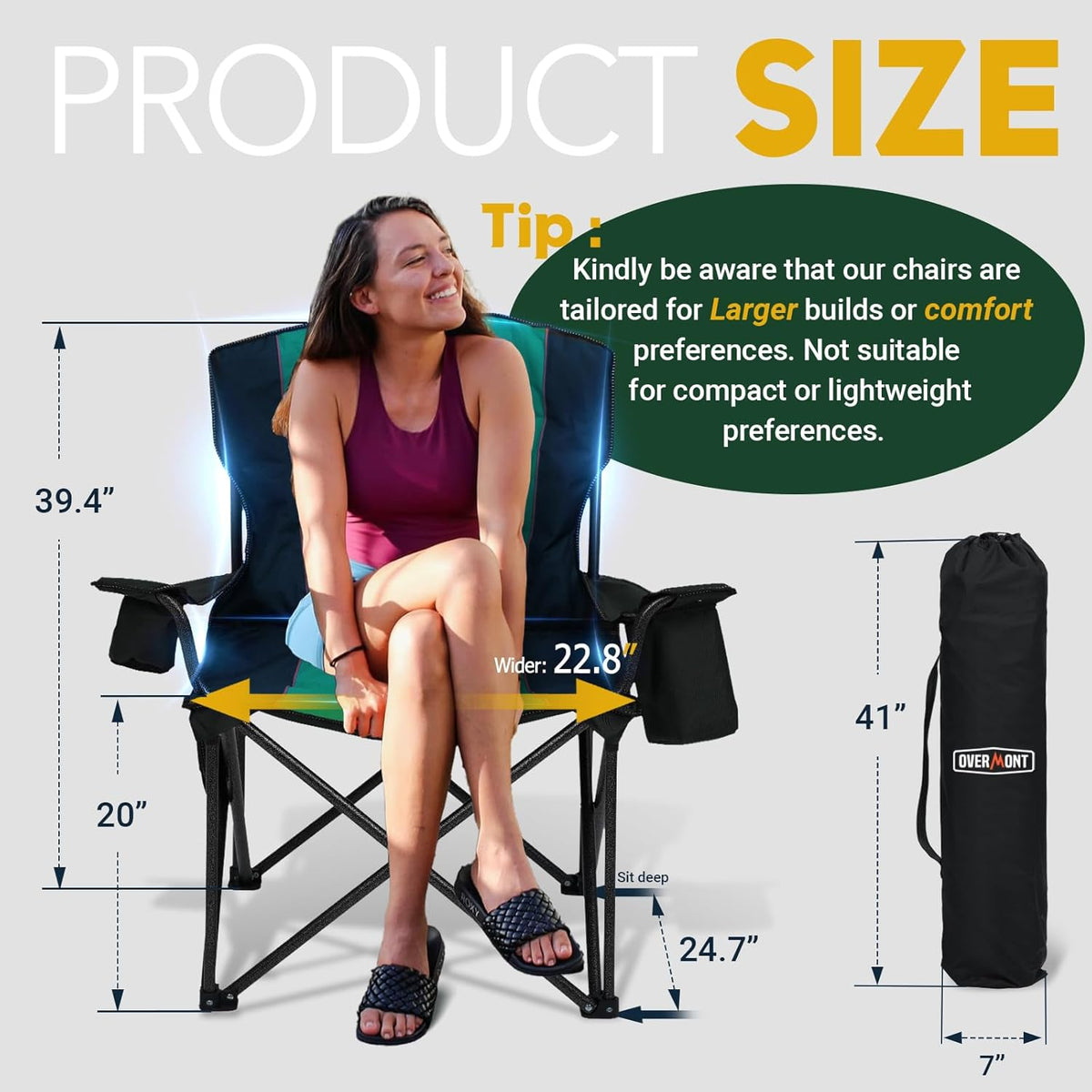 Overmont Oversized Folding Camping Chair - 450lbs Support with Padded Cushion Cooler Pockets - Heavy Duty Collapsible Chairs for Sports Garden Beach Fishing
