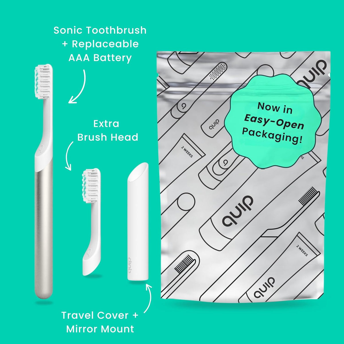 Quip Metal Sonic Toothbrush, Electric Toothbrush for Adults –Time Travel & Soft Bristles with Travel Case & Replaceable Brush Head -3-Month Battery Life - Moonrise Champagne