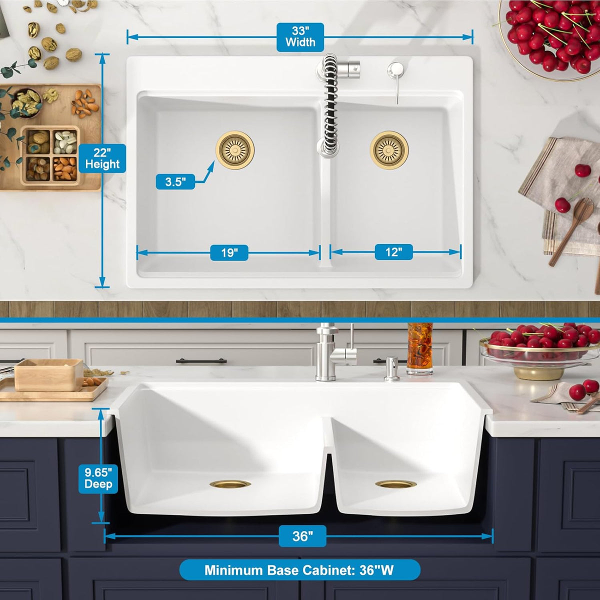 33 Inch Double Bowl White Kitchen Sinks 33x22 Granite Composite Dorp In 60/40 Basin with Luxury Accessories Quartz Workstation Sinks with Noise Reduction Durable and Hard Gold Accessoris Sink