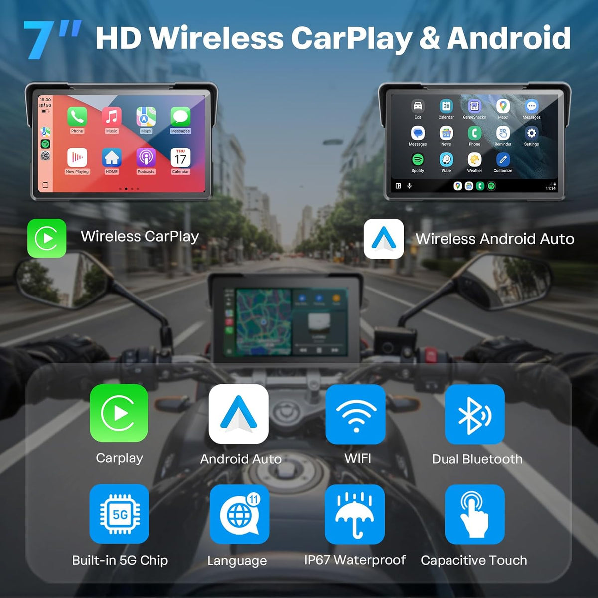 WonVon 7 Inch Wireless Motorcycle Carplay GPS Navigation System with Apple Carplay and Android Auto Portable Screen with Dual Bluetooth, Navigation, Siri, Google Assistant