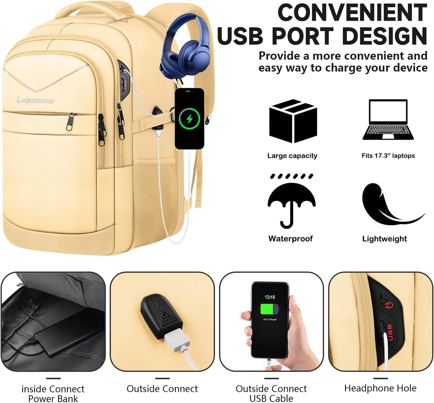 Lapsouno Extra Large Backpack, Laptop Backpack, Carry on Backpack, Sturdy 17 Inch TSA Friendly with USB Port, College School Bag Gifts for Men Women, Light Yellow