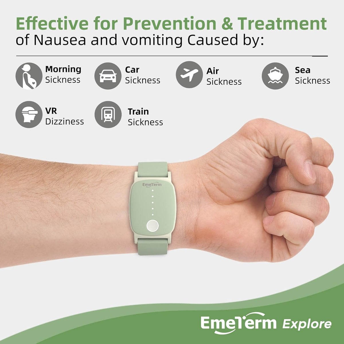 EmeTerm Explore FDA-Cleared Anti-Nausea Wristband IP67 Waterproof Morning Motion Sickness Relief Band Rechargeable Classic Strap Design Drug Free Non-drowsy Without Side Effects Mint Green